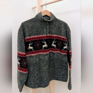 Vintage Collared 1/4 Zip Reindeer Patterned Fleece Sweater In Gray/Red/Black